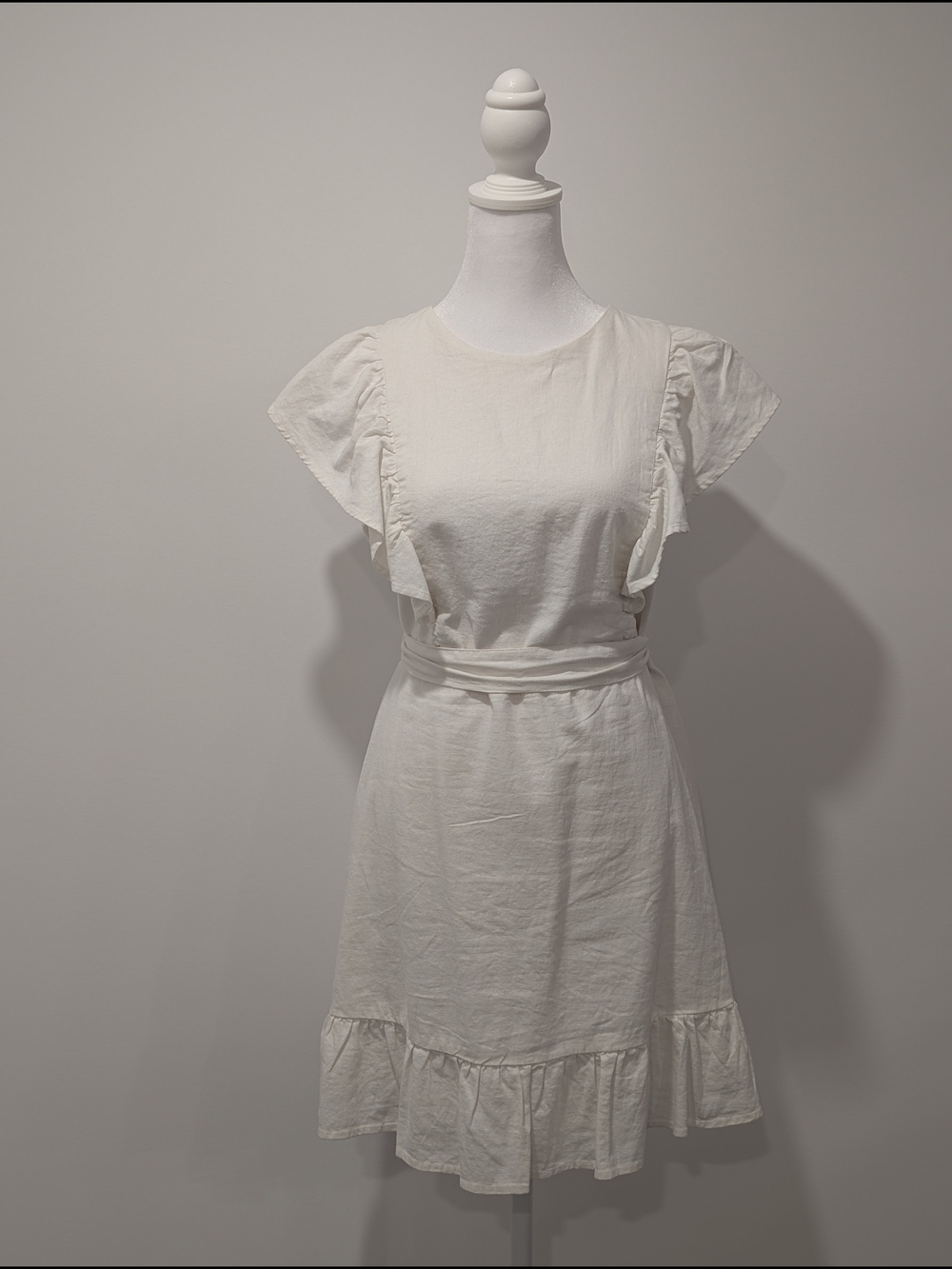 Dynamite White Linen Ruffle-Sleeve Belted Mini Dress